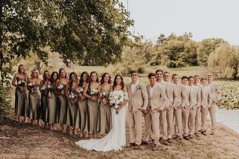 Green Bridesmaid Tan Groomsmen, Sage And Creme Wedding, Sage Vs Olive Green, Eucalyptus Wedding Party Colors, Dark Cream Bridesmaid Dresses, Olive Green Wedding Party Attire, Olive And Tan Wedding Party, Moss And Champagne Wedding, Bridesmaid Dresses Matching Groomsmen