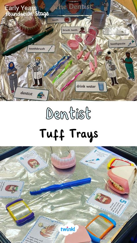 To download the dentist resources, click the pin. Thanks to @eyfs_sen_teacher @dear_teachers_ Dentist Tuff Tray Eyfs, Dentist Eyfs Activities, Dentist Role Play Eyfs, Dentist Tuff Tray, Oral Health Activities Eyfs, Jubilee Eyfs, People Who Help Us Eyfs Activities, People Who Help Us Eyfs, Dentist Role Play