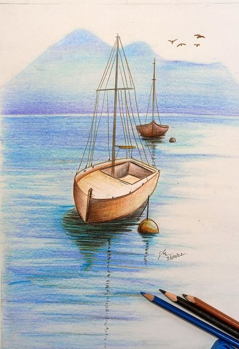 Pencil Colour Sketches Landscape, Wax Colour Drawing, Pencil Colour Landscape, Color Pencil Art For Beginners, Pencil Colour Sketches, Colour Pencil Art Landscapes, Colored Pencil Sketches, Pencil Colour Painting, Drawings With Meaning