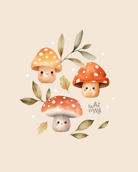 Cute Mushroom Watercolor, Cute Woodland Animals Illustration, Cute Mushroom Illustration, Cute Watercolor Illustration, Mushroom Illustration Cute, Mushroom Art Cute, Cute Mushroom Painting, Cute Mushroom Drawing, Cute Illustration Art