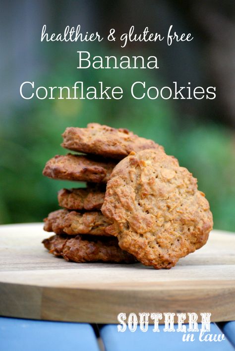 These Healthier Banana Cornflake Cookies are a little bit different but a whole lot delicious! With the perfect mix of soft, crunchy and chewy this is one healthy cookie recipe you will make over and over! Gluten free, low fat, lower sugar, refined sugar free option & so easy to make! Crispy Banana Cookies, Honey Joys Recipe, Cornflake Recipes, Cornflake Cookies Recipe, Healthy Cookie Recipe, Low Fat Cookies, Cornflake Cookies, Healthy Cookie, Healthy Honey