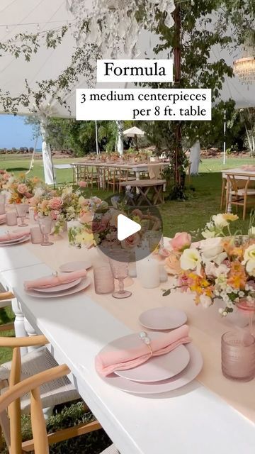 Centerpiece Size Guide, 8ft Table Centerpiece, Rectangle Table Wedding Layout, Oahu Wedding Reception, Centerpiece Long Table, 2023 Centerpieces, Tables Study, Long Table Centerpieces, Feasting Table