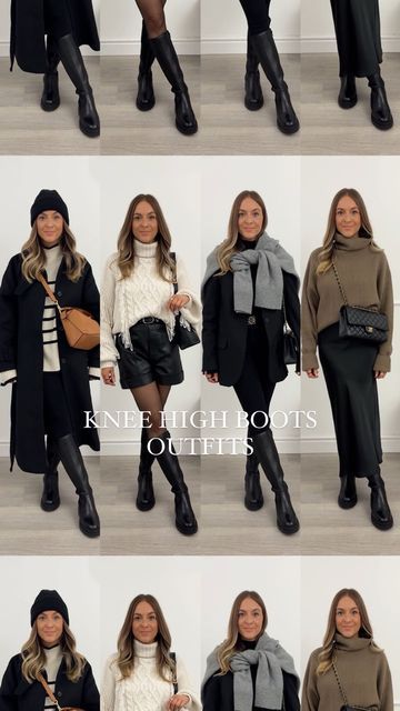 Stacie Elsmore on Instagram: "10 ways to wear knee high flat boots 🖤 which look is your favourite?! All of my outfits are shoppable on my Shop.ltk (link in my bio) ✨" Winter Outfit With Knee High Boots, Chelsea Knee High Boots Outfit, Autumn Outfits Boots Fall Fashion, Looks With Knee High Boots, Knee High Outfit Boots Black, Knee High Boots Casual Outfit, Black Knee Length Boots Outfit, Knee High Boot Work Outfit, Flat Knee High Boots Outfit Winter