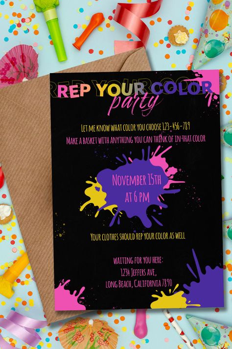 Color Party Invitations Adults, Color Theme Party Invitation, Color Party Invitations, Color Theme Party Ideas For Adults, Tiktok Party, Party Tiktok, Funny Invitations, Colour Party, Christmas Invite