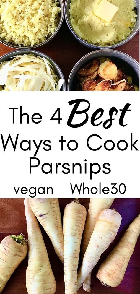 Looking for fun, healthy and cheap ways to get more veggies in your and your family's diet? These easy parsnip recipes will show you how to cook them for any meal, no special equipment needed! Parsnip rice, mashed parsnips, parsnip noodles and roasted parsnips don't need any special equipment and are naturally Paleo, vegan and Whole30 friendly! Parsnip Noodles, How To Cook Parsnips, Mashed Parsnips, Parsnip Recipes, Whole30 Vegan, Roasted Parsnips, Veg Dishes, Losing 40 Pounds, Paleo Vegan