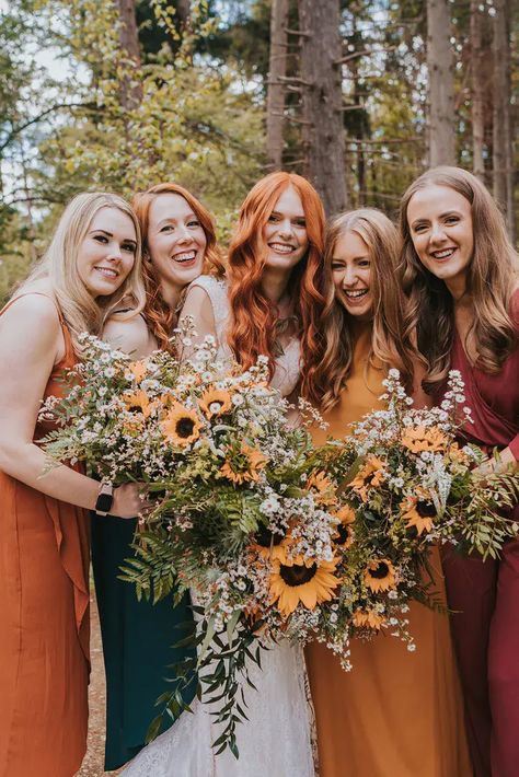 Bright Bridesmaids, Fall Sunflower Weddings, Wedding Flowers Sunflowers, Sunflower Wedding Bouquet, Sunflower Themed Wedding, Daisy Wedding, Grace Elizabeth, Mismatched Bridesmaid Dresses, Yellow Bridesmaids