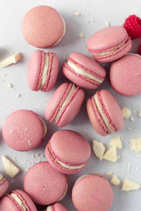 Pink Raspberry Macarons - Aleka's Get-Together Macaron Business, Macarons Pink, Raspberry Macarons, Pink Macarons, Bigger Bolder Baking, Pink Desserts, Pink Raspberry, White Chocolate Ganache, Pink French