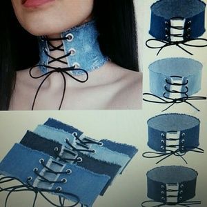 Wide Choker Necklace, Denim Choker, Ropa Upcycling, Necktie Crafts, Gothic Lace, Day Collar, Denim Jewelry, Necklace Collar, Punk Jewelry