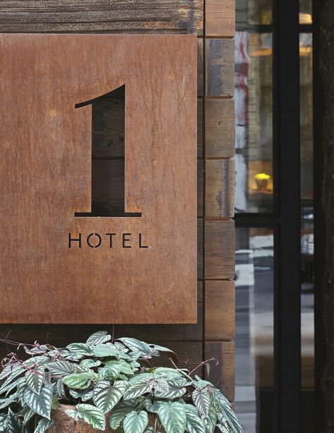 1 Hotel Branding on Behance Brand Language, Hotel Sign, Hotel Signage, Industrial Signage, Signage Signs, Eco Hotel, Exterior Signage, 1 Hotel, Hotel Concept