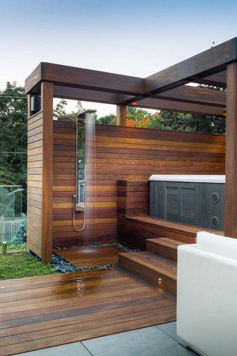 Outdoor Shower Fixtures, Hot Tub Privacy, Hot Tub Landscaping, Hot Tub Patio, Hot Tub Designs, Hot Tub Gazebo, Tub Enclosures, Hot Tub Deck, Landscaping Simple