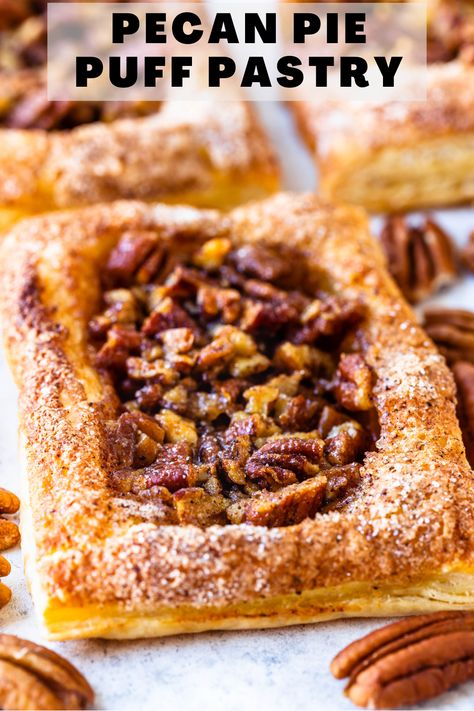 Pecan Pie Pastry, Pecan Puff Pastry Recipes, Puff Pastry Pecan Pie, Pecan Pie Turnovers, Pecan Pie Puff Pastry, Pie Crust Breakfast Recipes, Pastry Puff Recipes Desserts, Pecan Puff Pastry, Parmesan Puff Pastry