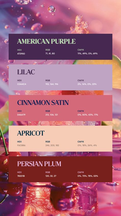 Colors:
472950
C0A4C4
D46A79
F6CBB6
78201B Colors With Gold Colour Palettes, Color Palette Fairy Tale, Cloths Color Palette, Colour Swatches Aesthetic, Pink Blue Violet Color Palette, Planner Color Schemes, Colour Pop Palette, 20s Color Palette, Esthetician Color Scheme