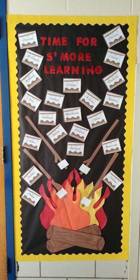 Camping Theme Doors At School, Camp Fire Bulletin Boards, Fall Camping Classroom Door, S'more Classroom Door Decoration, Smores Classroom Door, Smore Themed Classroom Door, Woodland School Theme, Camp Door Decorations Classroom, Camping Classroom Door Ideas