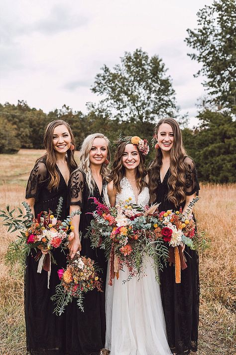 Black Bohemian Wedding, Colorful Forest Wedding, Fall Wedding In The Woods, Fall Woods Wedding, Wedding Colors With Black, Boho Black Wedding, Black Bridesmaid Dresses Fall, Black Fall Wedding, Black Boho Wedding