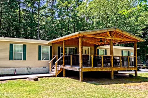 Under Porch Dog Area, Mobile Home Front Deck Ideas, Double Wide Deck Ideas, Porch On A Mobile Home, Deck With Porch, Doublewide Porch Ideas, Double Wide Front Porch, Double Wide Porch Ideas, Double Wide Front Porch Ideas