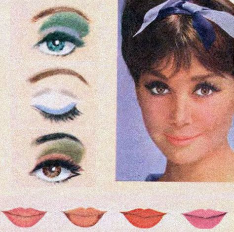 Simple 60's makeup look for college girls from Woman magazine in 1964. Clever foundation, powder, eye shadow and lipstick tips 1960 Makeup, 60s Eye Makeup, Eye Shadowing, 60's Makeup, Pale Lipstick, 60’s Makeup, 1960s Makeup, White Eye Makeup, Vintage Makeup Ads