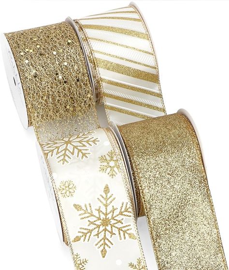 Amazon.com: Ribbli Gold Wired Ribbon for Christmas Tree,Glitter Mesh Snowflake Stripe Christmas Ribbon for Crafts,Wreaths,Topper Bow,Gift Wrapping,Tree Decoration-4Rolls 2-1/2 Inch Total 40 Yard Bow Wreaths, Ribbon For Christmas Tree, Bow Gift Wrapping, Christmas Toppers, Christmas Tree Glitter, Christmas Snowflakes Decorations, Make Bows, Christmas Wired Ribbon, Christmas Topper