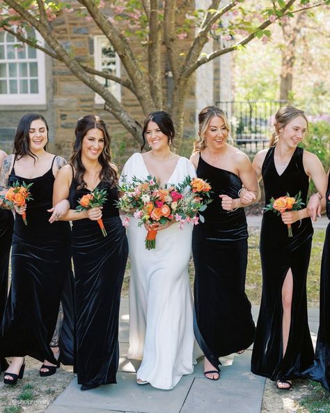 15 Velvet Bridesmaid Dresses: Trendy Ideas + FAQs ❤ velvet bridesmaid dresses black long simple shoprevelry #weddingforward #wedding #bride #blackbridesmaiddresses #velvetbridesmaiddresses Flowers With Black Dress, Black Velvet Bridesmaids, Black Dress Code Wedding, Black Bridesmaid Dresses Fall, Bridesmaids In Black, Photography Bridesmaids, Bridesmaid Dresses Black, Long Velvet Dress, Rust Bridesmaid Dress