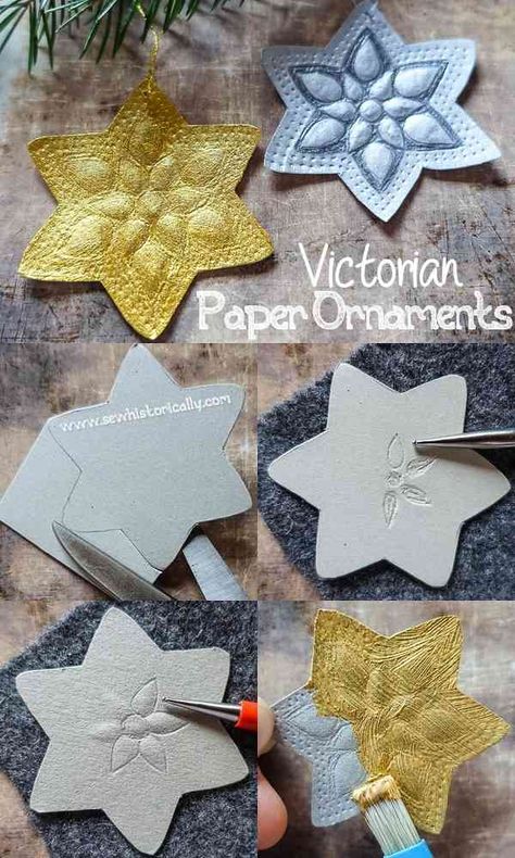 Victorian Arts And Crafts, Victorian Paper Ornaments, Victorian Christmas Ornaments Handmade, How To Make Victorian Christmas Ornaments, Easy Christmas Crafts For Kids At School Diy Ornaments, Victorian Ornaments Diy, Victorian Christmas Ornaments Diy, Vintage Paper Ornaments, Christmas Carol Ornaments