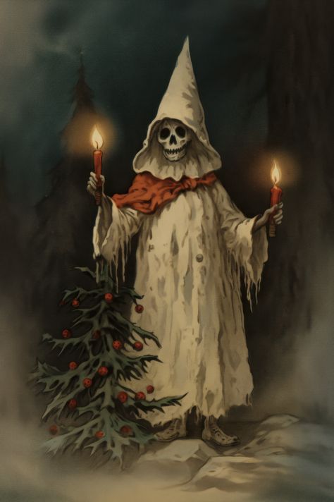 Venture into a chilling twist on the festive season with this haunting digital download print. At the center, a spectral figure draped in tattered robes holds aloft two glowing candles, their warm light illuminating the ominous skull beneath the hood. A contrasting vibrant orange scarf is draped around its skeletal neck, adding a touch of macabre festivity. To the figure's side, a withered Christmas tree, adorned with simple red baubles, stands as a symbol of decayed celebration. Scary Christmas Aesthetic, Spooky Christmas Aesthetic, Creepy Christmas Art, Creepy Christmas Decorations, Macabre Christmas, Merry Witchmas, Dark Christmas Aesthetic, Christmas Horror Art, Winter Horror