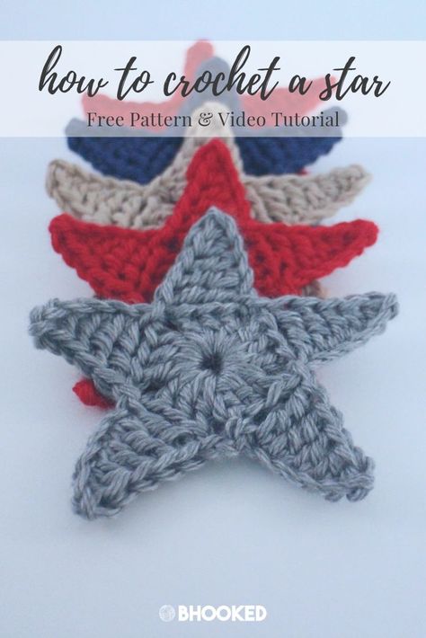 How to crochet a star. Click through for the free pattern and step-by-step video tutorial! #BHooked #Crochet #FreeCrochetPattern Easy Crochet Star Pattern Free, Crochet Stars Pattern Free, Crochet A Star, Crochet Bow Pattern, Crochet Star Patterns, Crochet Appliques, Crochet Star, Simple Crochet, Crochet Stars