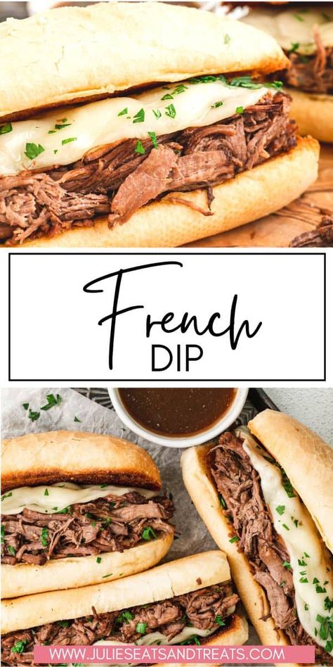 Indulge in our French Dip, the perfect solution for a busy day's dinner. Let your crock pot do the work, slow-cooking the roast beef to tender perfection. Piled on a toasted hoagie and smothered in provolone, a dip in salty au jus completes this hearty feast! It's a delicious crock pot dinner recipe you'll make frequently! Slow Cook Chuck Roast, Roast Beef Crock Pot Recipes, French Dip Recipes, Crock Pot Dinner, French Dip Crock Pot, Leftover Pot Roast, London Broil Recipes, Crockpot Pork Roast, Roast Beef Dinner