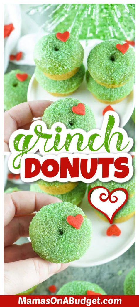 The holidays are here and the smell of Grinch Donuts is in the air. Imagine the surprise of your guests when you pull out these donuts to be enjoyed this festive season. They are homemade with green dusting sugar and a large red heart sprinkle! Licorice Cake, Christmas Donuts, Grinch Christmas Party, Easy Christmas Treats, Grinch Party, Holiday Breakfast, Christmas Brunch, Donut Party, Grinch Stole Christmas