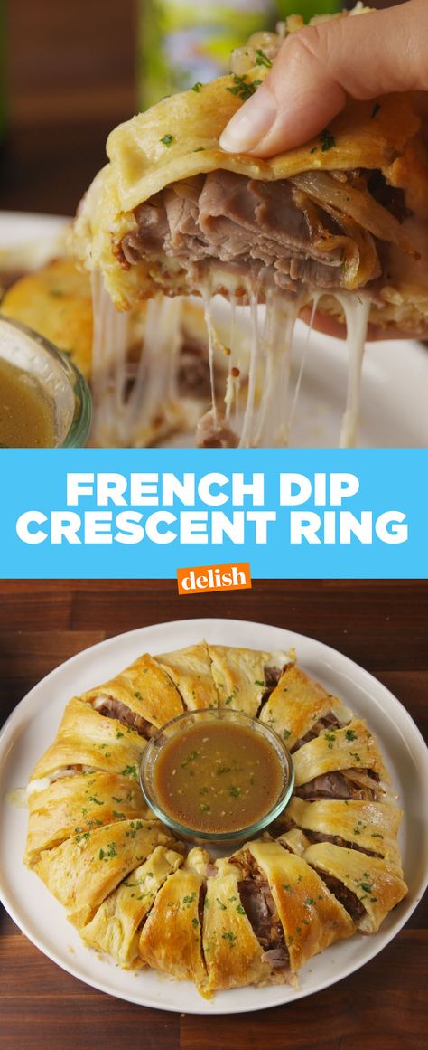 This French Dip Crescent Ring will have all your friends double dipping. Get the recipe from Delish.com. Croissant Pizza, French Dip Crescents, Crescent Ring Recipes, Crescent Roll Recipes Dinner, Pepperoni Dip, Pizza Appetizers, Crescent Recipes, Pizza Dip, Crescent Ring