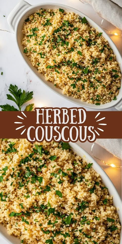 Make herbed couscous for a light and fluffy side that’s full of fresh herbs and flavors. This easy recipe is perfect for Thanksgiving or any holiday meal, offering a refreshing alternative to heavier sides. It’s quick to prepare and pairs well with a variety of main dishes. Save this pin and check out the recipe for couscous that’s both light and tasty! Pork And Couscous Recipes, Couscous Side Dishes Dinner, Couscous Ideas, Herbed Couscous, Garlic Couscous Recipes, Easy Couscous Recipes, Couscous Recipes Easy, Cuscus Recipes, Cous Cous