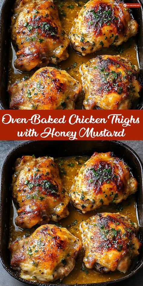 Enjoy these oven-baked chicken thighs covered in a tasty honey mustard sauce. Simple ingredients like garlic, herbs, and Dijon mustard make this dish irresistible! Chicken Thighs With Olives, Chicken Thigh With Sauce Recipe, Honey Garlic Oven Baked Chicken, Honey Mustard Chicken Legs Baked, Simple Boneless Chicken Thigh Recipes, Baked Thigh Chicken Recipes, Marinated Chicken Thigh Recipes, Honey Baked Chicken Thighs, Marinated Chicken Thighs In Oven