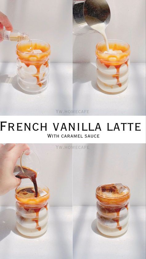 French vanilla latte Diy Coffee Drinks, French Vanilla Syrup, Mixology Recipes, Starbucks Drinks Diy, Iced Drinks Recipes, Resep Smoothie, Drink Recipes Nonalcoholic, Refreshing Drinks Recipes, Caramel Coffee