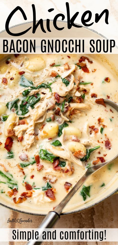 Cheddar Bacon Gnocchi Soup, Cream Of Chicken And Gnocchi Soup, Chicken An Gnocchi Soup, Chicken Soup Leftover Chicken, Things You Can Make With Rotisserie Chicken, Chicken And Bacon Soup Recipes, Rotisserie Chicken Gnocchi Soup, Potluck Soup Ideas, Chicken Bacon Gnocchi Recipes