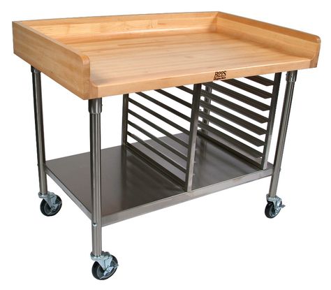 The John Boos Maple-Top Work Table & Cart features a 4-inch coved riser on the back and both sides, plus a stainless steel base, shelf and bun pan rack. (48x30) Baking Table Kitchen, Bakers Cart Ideas, Baking Table Ideas, Prep Station Kitchen, Bakery Kitchen Layout, Bakery Table, Baking Table, Modern Pastry, Baking Station