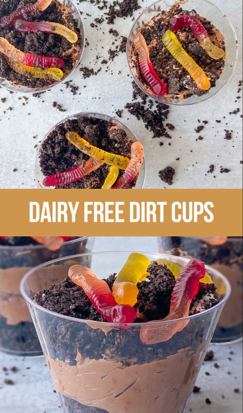 Dairy free dirt cups Dairy Free Halloween Dessert, Dirt Cake Dessert, Dairy Free Halloween Treats, Easy Dirt Cake, Chocolate Dirt Cake, Dairy Free Halloween, Buttermilk Baking, Dairy Free Deserts, Gluten Free Halloween Treats