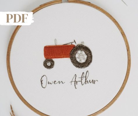 Personalized Tractor Name Hand Embroidery PDF Pattern: Embroider this cutie little name hoop yourself! This hoop makes for a perfect personalized bedroom decoration or baby arrival announcement!  Pattern level: Easy This 5 inch pattern includes four basic stitches and just three floss colors making for a simple, yet sweet project. How it works: - This 8 page PDF download includes all the information you will need to recreate this little hoop. - In the personalization section enter the name you w Farm Embroidery Designs, Name Embroidery Designs, Embroidery Dog Patterns, Little Boy Embroidery Ideas, Baby Announcement Embroidery, Baby Boy Embroidery Ideas, Baby Embroidery Ideas Boys, Baby Boy Embroidery Hoop, Boy Embroidery Ideas