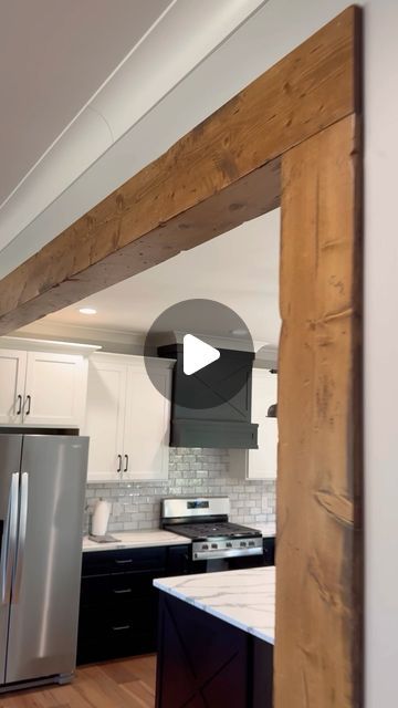 William Keith Dykes on Instagram: "DITCH the plain Jane cased opening and rock the FAUX Beam! #gotitcoach #woodworking #wood #fauxbeam #newconstruction #remodel #notsolid #mademyown #lamello #zetap2 #custom #customhomebuilding #customhomebuilder #addscharacter #distressed #notplainjane #" Wooden Beam In Kitchen, Wall Beam Decor Ideas, Wood Beams And Crown Molding, Wood Beam Framed Opening, Wood Beam Trim, Wood Plank Ceiling Hallway, Wood Inside House, Open Floor Plan With Beams, Stained Wood Cased Opening