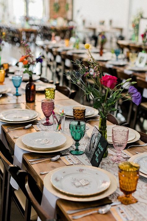 Bridesmaid Dresses Multicolor, Bright Blue Bridesmaid Dresses, Fall Wedding Place Settings, Colorful Wedding Decor, Spicewood Texas, Colorful Fall Wedding, Elk Photography, Multicolor Wedding, Bright Wedding Colors