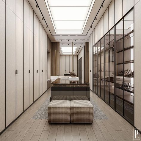 PROLITE on Instagram: "The neutral tone of this walk-in-closet conveys refinement. Clean and serene. Ivory colored wardrobe and soft lighting make an inviting space you’ll want to spend time in. Mr. R Residence Master Walk-in-Closet 📍Surabaya, Indonesia Full Service Interior Design Studio⁣ Surabaya | Jakarta For Business inquiries:⁣ info@prolite-design.com⁣ +62 813-2563-4343 #interior #interiordesign #homedecor #homedesign #furniture #interiorstyling #inspiration #rendering #walkincloset" Neutral Walk In Closet, Contemporary Walk In Wardrobe, Walking Closet Design, Walk In Closet Interior Design, Walk In Closet Lighting, Walk In Closet Modern, Master Walk In Closet Ideas, Colored Wardrobe, Walk In Closet Luxury