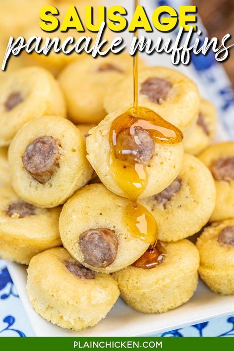 Sausage Pancake Muffins Recipe – Homemade pancake batter baked in mini muffin pans with a sausage slice in each muffin. Milk, butter, egg, vanilla, maple syrup, sugar, flour, baking powder, salt, and sausage links. They are super easy to make, freeze well, and are perfect for breakfast for on-the-go! Serve with additional maple syrup. Meal Appetizers, Pancake Sausage Muffins, Sausage Pancake Muffins, Homemade Pancake Batter, Mini Pancake Muffins, Pancake Sausage, Sausage Muffins, Cannoli Dip, Breakfast Sausage Links