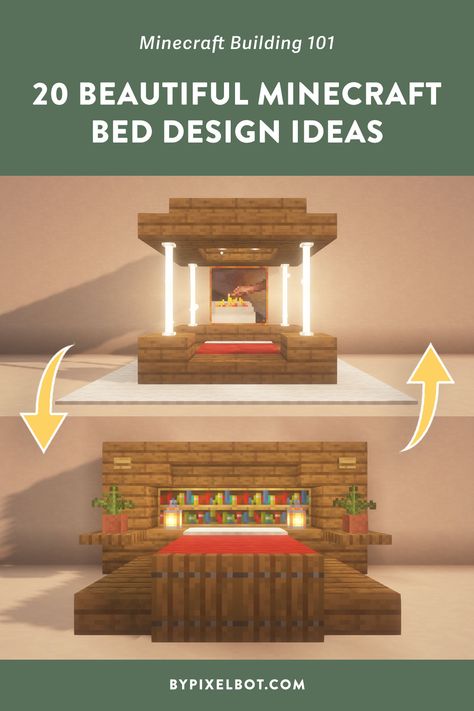 Big Bedroom Ideas Minecraft, Cool Minecraft Bed Ideas, Minecraft Master Bed Ideas, Spruce Bedroom Minecraft, Minecraft Double Bed Designs, Minecraft Bedframes Ideas, Minecraft Royal Bed, Minecraft Master Bed, Minecraft Bedroom Builds