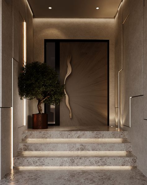 A unique villa entrance that is both elegant and modern. #villa_entrance #entrance_design Villa Entrance Design Interiors, Villa Entrance Design Exterior, Enterance Idea Modern, Main Door Entrance Design, Main Door Design Entrance Modern Luxury, Modern Luxury Entryway, Flat Entrance Design Modern, Main Entrance Design, Foyer Design Modern Entrance