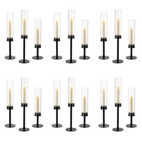 PRICES MAY VARY. WINDPROOF CANDLE HOLDER: Each taper candle holder has a high quality metal base and a Windproof hurricane glass. Sturdy metal base prevents candles from falling and spilling.Heat-resistant hurricane glass gives your candles a subtle flickering effect, adding a warm atmosphere to your outdoor event. SIZE: You will get 18 pcs hurricane glass taper candle holders with different heights (candles are not included). Candle holder height: 14"/35.5cm, 16.3"/41.5cm, 18.7"/47.5cm. base di Black Christmas Centerpiece, Corporate Holiday Party Centerpieces, Candle Stick Centerpieces Wedding, Tapered Candles Wedding Centerpieces, Black Candles Wedding, Black And Gold Centerpieces, Candlestick Centerpiece Wedding, Black Candlestick Holders, Glass Taper Candle Holders