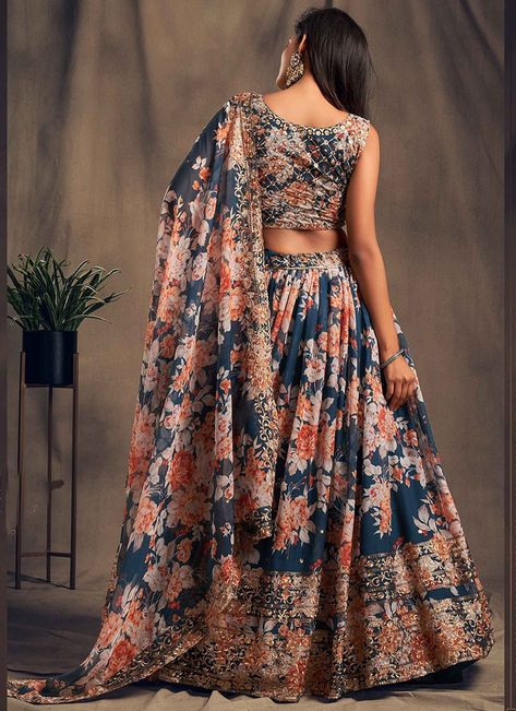 Buy Navy Blue Organza Floral Digital Print Umbrella Lehenga Party Wear, Sequins , Digital Print , Embroidered, umbrella lehenga Online Shopping | GHSAK42157614 Printed Satin Dresses Indian, Organza Choli, Digital Print Lehenga, Print Lehenga, Floral Lehenga, Blue Organza, Organza Lehenga, Lengha Choli, Blue Lehenga