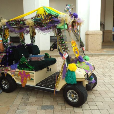 Decorate a Golf Cart for Mardi Gras | HubPages Golf Cart Decorating Ideas, Cart Decorating Ideas, Golf Cart Decorations, Golf Cart Seats, Golf Poster, Mardi Gras Parade, Bouncy Ball, Mardi Gras Decorations, Golf Exercises