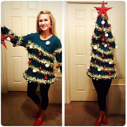 Creative Ugly Christmas Sweater, Christmas Costumes Diy, Ugliest Christmas Sweater Ever, Ugly Christmas Sweater Diy Funny, Diy Christmas Outfit, Ugly Christmas Sweater Outfit, Diy Christmas Sweater, Funny Christmas Outfits, Christmas Sweater Outfits