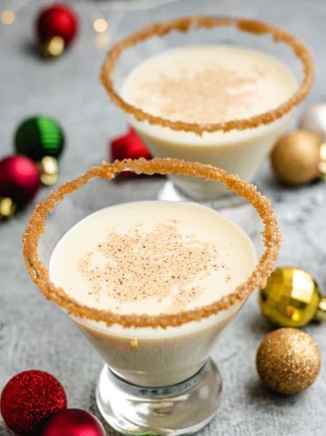 Eggnog Martini | Berly's Kitchen Martini With Rumchata, Egg Nog Martini, Egg Nog Cocktail, Eggnog Martini Recipe, Eggnog Martini, Alcoholic Eggnog, Cinnamon Schnapps, Holiday Martinis, Eggnog Cocktail