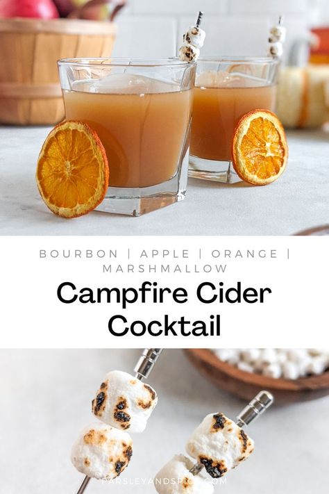 This cocktail is the taste of Fall, it is perfect for sipping on by the campfire. There is an apple base with hints of orange, bourbon, marshmallow, and vanilla. Marshmallow Cocktail Garnish, Marshmallow Bourbon Cocktail, Campfire S’mores Cocktail, Marshmallow Cocktail Drinks, Camping Themed Cocktails, Camp Theme Cocktail, Campfire Old Fashioned Cocktail, Campfire And Brews Before I Dos, Camp Themed Cocktails