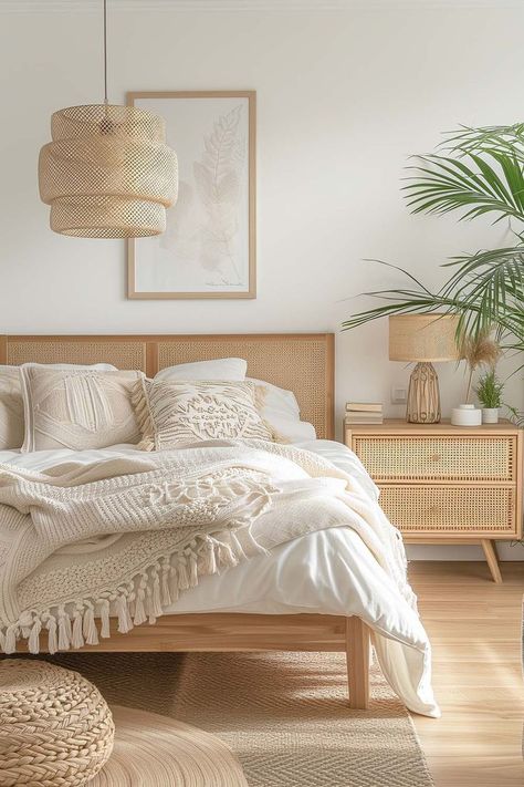 Boho bedroom decor with rattan bed and rattan nightstand Calming Interior Design, Dock Decor, Scandinavian Bedroom Ideas, Japandi Bedroom Design, Minimal Bedroom Design, Japandi Bedroom Ideas, Airbnb Interior, Coastal Apartment, Japandi Bedroom