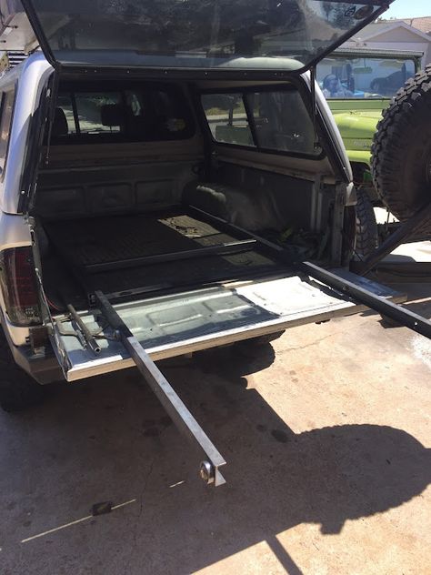 Diy Bed Slide, Diy Truck Camper Shell, Truck Bed Slide Out Diy, Diy Truck Bed Slide, Truck Accessories Diy, Truck Bed Drawers, Truck Bed Slide, Camping Vehicles, Diy Slide