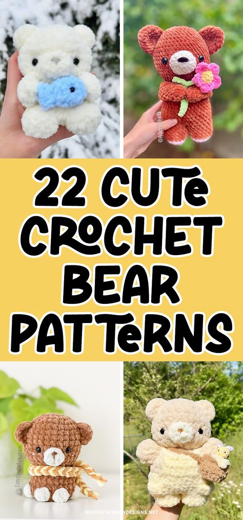 Do you love creating cute and cuddly creatures that bring joy to others? Then you'll enjoy these 22 adorable crochet bear patterns. From classic teddy bears to bear plushies to polar bears, this collection has something for every skill level and style. Easy Crochet Teddy Bear Free Pattern, Cute Bear Crochet Pattern, No Sew Bear Crochet Pattern Free, Small Bear Crochet Free Pattern, No Sew Crochet Bear, Crochet Bears Free Pattern, Easy Plushies To Crochet, Polar Bear Crochet Pattern Free, Crochet Polar Bear Pattern Free